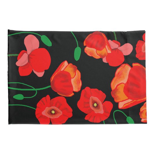 赤いケシの完全な開花黒の背景 枕カバー (裏面-右)