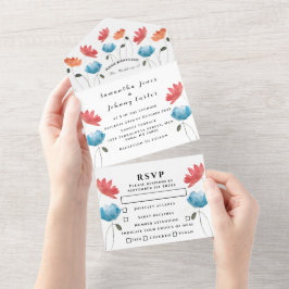 赤いケシの水の色のスクリプトフローラ結婚 オールインワン招待状