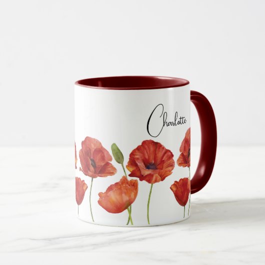 赤いケシの水彩威厳がある誕生花 マグカップ (正面右)