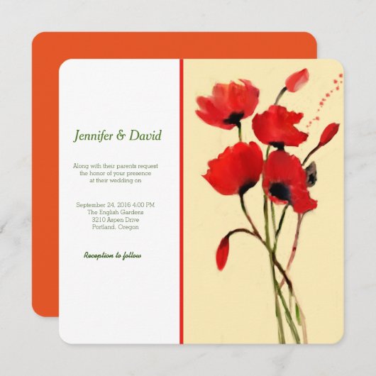赤いケシの水彩画のカスタムの結婚式招待状 招待状 (正面/裏面)