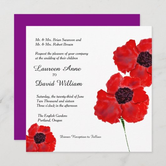 赤いケシの水彩画のカスタムの結婚式招待状 招待状 (正面/裏面)
