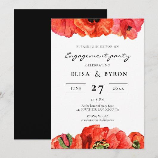 赤いケシの水彩画ウェディングパーティー 招待状 (正面/裏面)