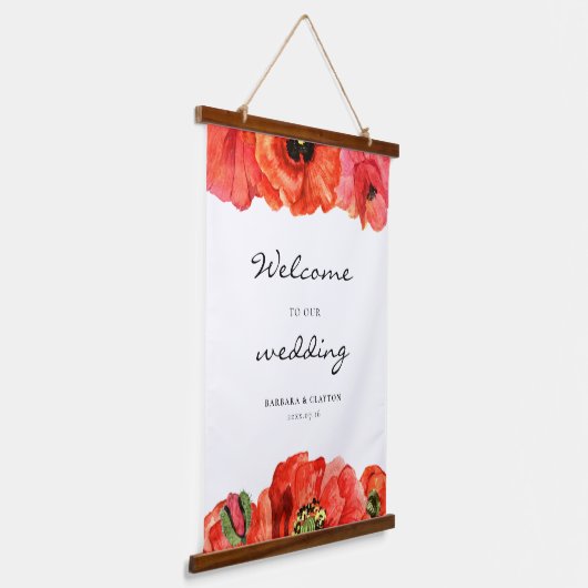 赤いケシの水色のカスタムウェディングサイン 吊り下げ型タペストリー (傾斜あり)