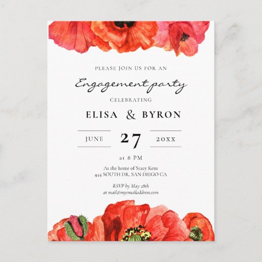 赤いケシの水色の婚約パーティ招待 ポストカード (正面)