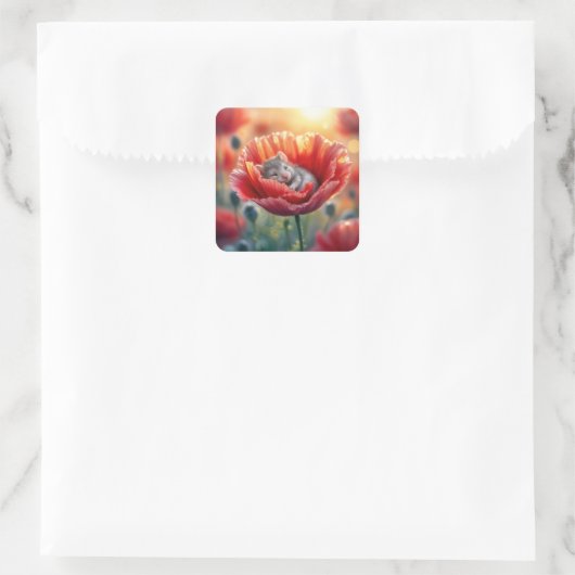 赤いケシの花で眠るネズミ スクエアシール (バッグ)