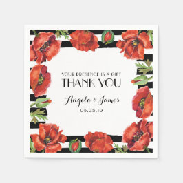 赤いケシの花とストライプ黒い結婚花 スタンダードカクテルナプキン