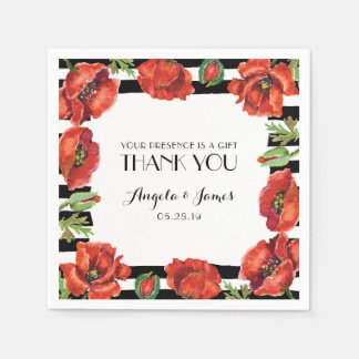 赤いケシの花とストライプ黒い結婚花 スタンダードカクテルナプキン