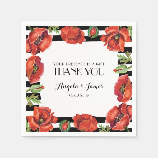 赤いケシの花とストライプ黒い結婚花 スタンダードカクテルナプキン (正面)