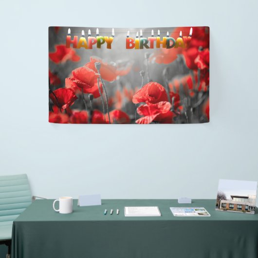 赤いケシの花とハッピーバースデーの蝋燭 横断幕 (トレードショー)