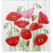 赤いケシの花と芽の装飾白 シャワーカーテン (正面)