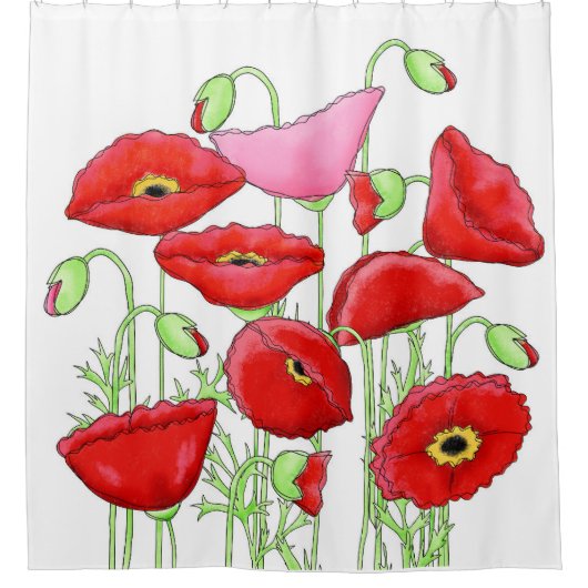 赤いケシの花と芽の装飾白 シャワーカーテン (正面)