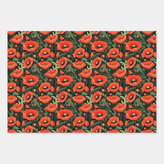 赤いケシの花のグリーン フラワー ベアデッド バースデー ブライダル ラッピングペーパーシート (正面2)