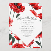 赤いケシの花のフラワーレース セーブ・ザ・デート カード (正面/裏面)