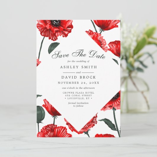 赤いケシの花のフラワー・セーブ・ザ・デートカード セーブザデート (スタンド正面)