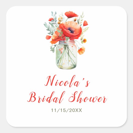 赤いケシの花のマスンジャー ブライダルシャワー スクエアシール (正面)