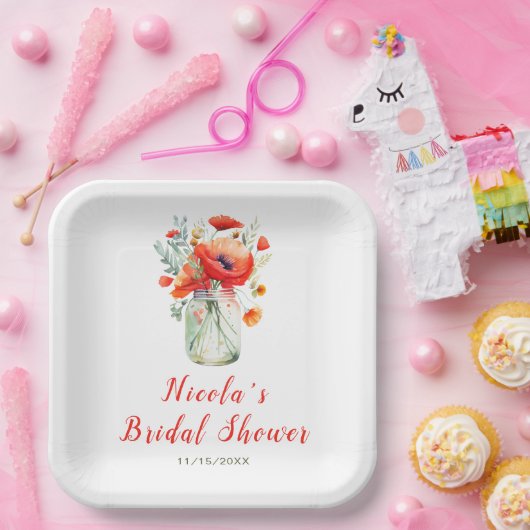 赤いケシの花のメイソンジャー ブライダルシャワー ペーパープレート (パーティー)