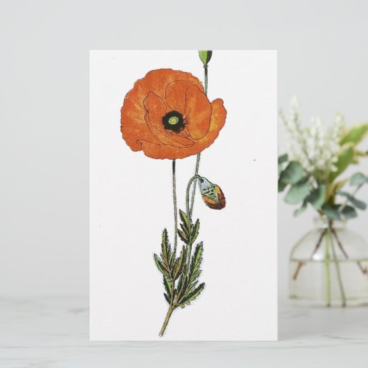 赤いケシの花のヴィンテージの植物のプリント 便箋 (スタンド正面)