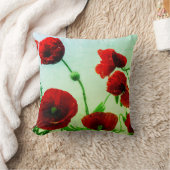 赤いケシの花の抽象的でカラフルで芸術的な緑 クッション (ブランケット)