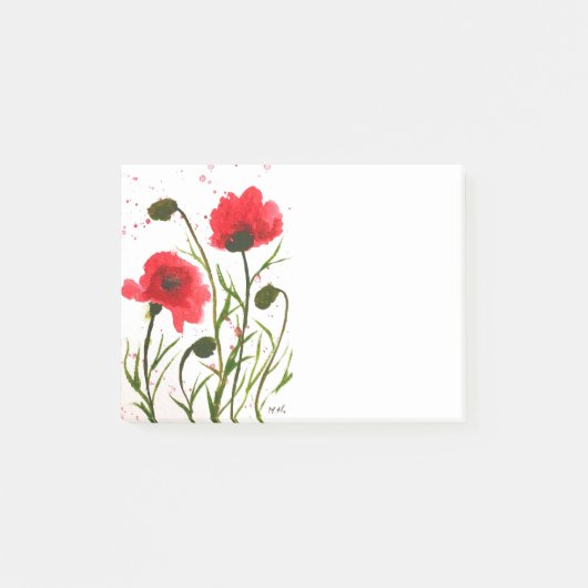赤いケシの花の水彩、素朴なポストイット ポストイット (正面)