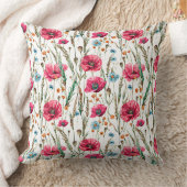 赤いケシの花の水色のスケッチパターン クッション (ブランケット)