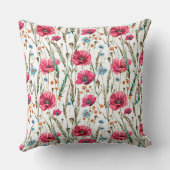 赤いケシの花の水色のスケッチパターン クッション (裏面)