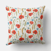 赤いケシの花の水色のスケッチパターン クッション (裏面)