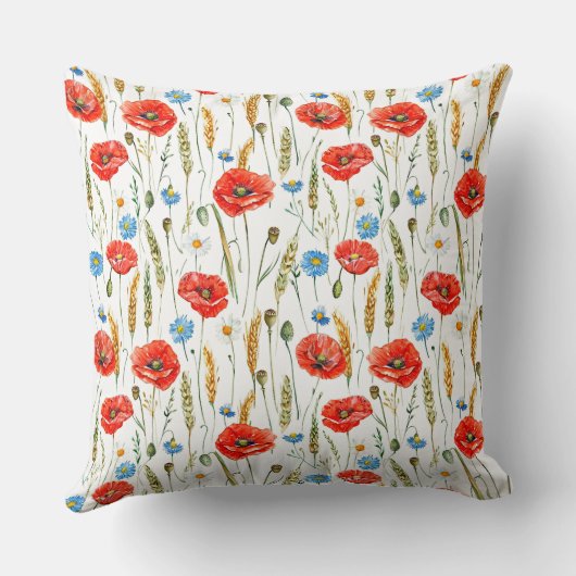 赤いケシの花の水色のスケッチパターン クッション (裏面)