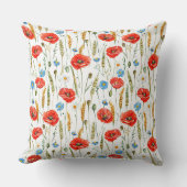 赤いケシの花の水色のスケッチパターン クッション (正面)