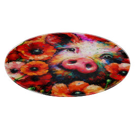 赤いケシの花を咲かせた印象派の豚 カッティングボード