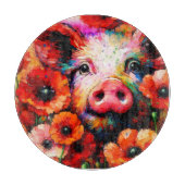 赤いケシの花を咲かせた印象派の豚 カッティングボード (正面)