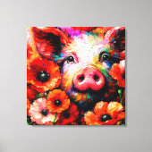 赤いケシの花を咲かせた印象派の豚 キャンバスプリント (正面)