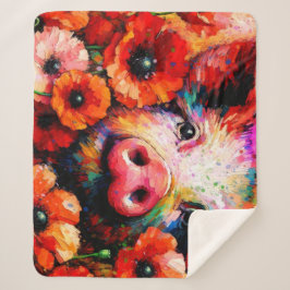 赤いケシの花を咲かせた印象派の豚 シェルパブランケット