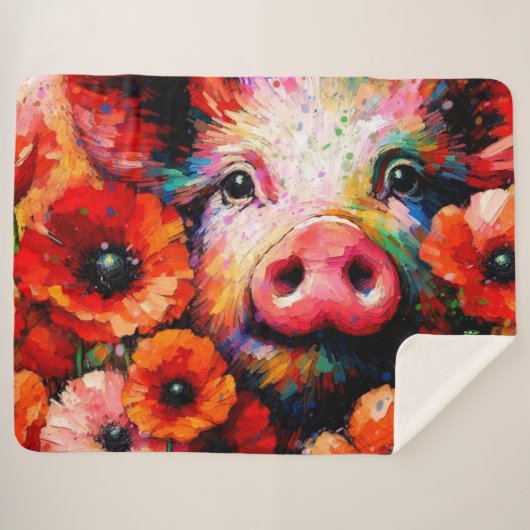 赤いケシの花を咲かせた印象派の豚 シェルパブランケット (正面(横))