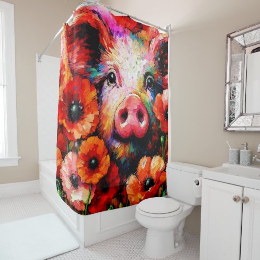 赤いケシの花を咲かせた印象派の豚 シャワーカーテン (インサイチュ)