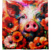 赤いケシの花を咲かせた印象派の豚 シャワーカーテン (正面)