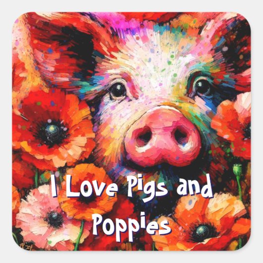 赤いケシの花を咲かせた印象派の豚 スクエアシール (正面)