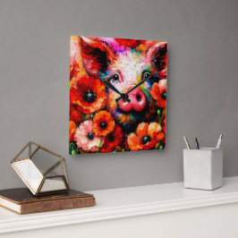 赤いケシの花を咲かせた印象派の豚 スクエア壁時計