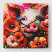 赤いケシの花を咲かせた印象派の豚 スクエア壁時計 (正面)