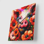 赤いケシの花を咲かせた印象派の豚 スクエア壁時計 (傾斜)