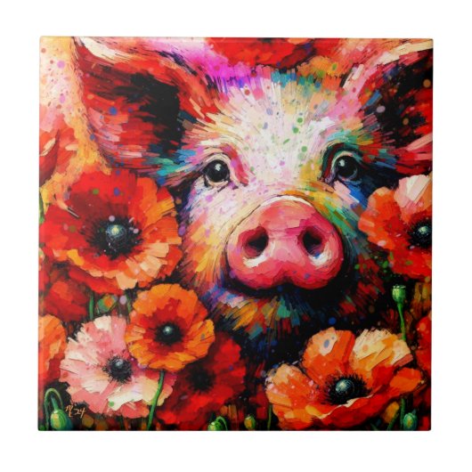 赤いケシの花を咲かせた印象派の豚 タイル (正面)