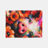 赤いケシの花を咲かせた印象派の豚 フリースブランケット (正面(横))