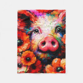 赤いケシの花を咲かせた印象派の豚 フリースブランケット