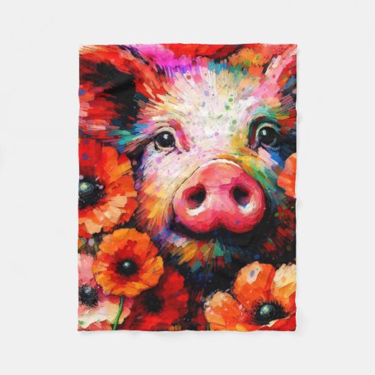 赤いケシの花を咲かせた印象派の豚 フリースブランケット (正面)
