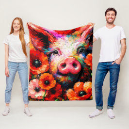 赤いケシの花を咲かせた印象派の豚 フリースブランケット