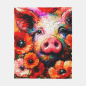 赤いケシの花を咲かせた印象派の豚 フリースブランケット (正面)