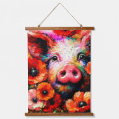 赤いケシの花を咲かせた印象派の豚 吊り下げ型タペストリー (正面)