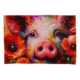 赤いケシの花を咲かせた印象派の豚 枕カバー