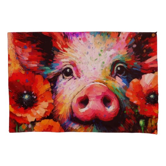 赤いケシの花を咲かせた印象派の豚 枕カバー (正面)