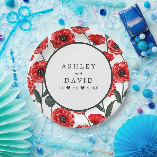 赤いケシの花パーソナライズされたフローラ結婚の ペーパープレート (パーティー)