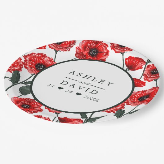 赤いケシの花パーソナライズされたフローラ結婚の ペーパープレート (アングル)